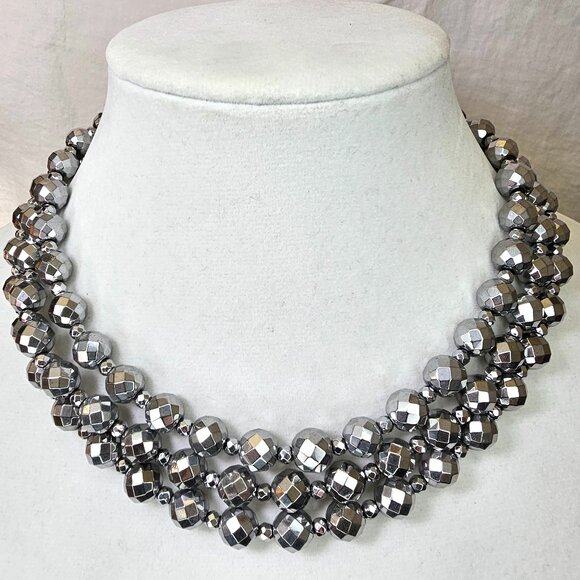 Faceted Silver Hematite Sterling Silver Multi Strand Bib Necklace 17”
